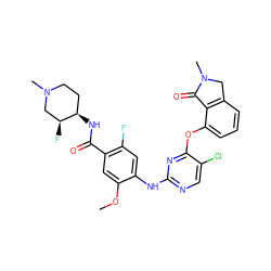 COc1cc(C(=O)N[C@@H]2CCN(C)C[C@@H]2F)c(F)cc1Nc1ncc(Cl)c(Oc2cccc3c2C(=O)N(C)C3)n1 ZINC000146058676