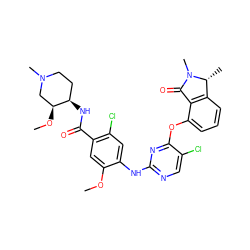 COc1cc(C(=O)N[C@@H]2CCN(C)C[C@@H]2OC)c(Cl)cc1Nc1ncc(Cl)c(Oc2cccc3c2C(=O)N(C)[C@@H]3C)n1 ZINC000146056111