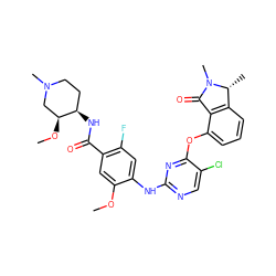 COc1cc(C(=O)N[C@@H]2CCN(C)C[C@@H]2OC)c(F)cc1Nc1ncc(Cl)c(Oc2cccc3c2C(=O)N(C)[C@@H]3C)n1 ZINC000146057218