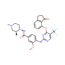 COc1cc(C(=O)N[C@H]2CCN(C)C[C@@H]2F)ccc1Nc1ncc(C(F)(F)F)c(Oc2cccc3c2C(=O)CC3)n1 ZINC000145956687