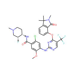 COc1cc(C(=O)N[C@H]2CCN(C)C[C@H]2F)c(Cl)cc1Nc1ncc(C(F)(F)F)c(Oc2cccc3c2C(=O)N(C)C3(C)C)n1 ZINC000169707551