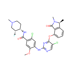 COc1cc(C(=O)N[C@H]2CCN(C)C[C@H]2F)c(Cl)cc1Nc1ncc(Cl)c(Oc2cccc3c2C(=O)N(C)[C@H]3C)n1 ZINC000145950713