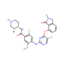 COc1cc(C(=O)N[C@H]2CCN(C)C[C@H]2F)c(Cl)cc1Nc1ncc(Cl)c(Oc2cccc3c2C(=O)N(C)C3)n1 ZINC000146032650