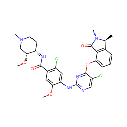 COc1cc(C(=O)N[C@H]2CCN(C)C[C@H]2OC)c(Cl)cc1Nc1ncc(Cl)c(Oc2cccc3c2C(=O)N(C)[C@H]3C)n1 ZINC000146050142