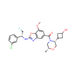 COc1cc(C(=O)N2C[C@@H](C)OC[C@H]2C2CC(O)C2)cc2nc(N[C@@H](CF)c3cccc(Cl)c3)oc12 ZINC001772581198