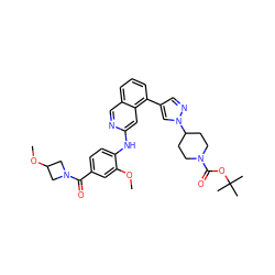 COc1cc(C(=O)N2CC(OC)C2)ccc1Nc1cc2c(-c3cnn(C4CCN(C(=O)OC(C)(C)C)CC4)c3)cccc2cn1 ZINC000207611178