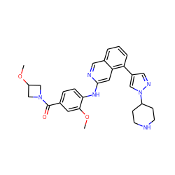 COc1cc(C(=O)N2CC(OC)C2)ccc1Nc1cc2c(-c3cnn(C4CCNCC4)c3)cccc2cn1 ZINC000207611309