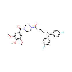 COc1cc(C(=O)N2CCN(C(=O)CCCCC(c3ccc(F)cc3)c3ccc(F)cc3)CC2)cc(OC)c1OC ZINC000049777719