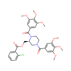 COc1cc(C(=O)N2CCN(C(=O)c3cc(OC)c(OC)c(OC)c3)[C@H](COC(=O)c3ccccc3Cl)C2)cc(OC)c1OC ZINC000003914862