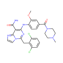 COc1cc(C(=O)N2CCN(C)CC2)ccc1Nc1nc(Cc2c(Cl)cccc2Cl)n2ccnc2c1C(N)=O ZINC000200844724