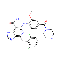 COc1cc(C(=O)N2CCNCC2)ccc1Nc1nc(Cc2c(Cl)cccc2Cl)c2nc[nH]c2c1C(N)=O ZINC000142446891