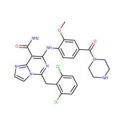 COc1cc(C(=O)N2CCNCC2)ccc1Nc1nc(Cc2c(Cl)cccc2Cl)n2ccnc2c1C(N)=O ZINC000200855971