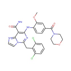 COc1cc(C(=O)N2CCOCC2)ccc1Nc1nc(Cc2c(Cl)cccc2Cl)n2ccnc2c1C(N)=O ZINC000200836812