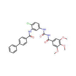 COc1cc(C(=O)NC(=O)Nc2ccc(Cl)c(NC(=O)c3ccc(-c4ccccc4)cc3)c2)cc(OC)c1OC ZINC000084653630