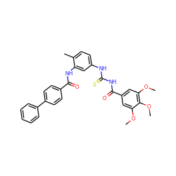 COc1cc(C(=O)NC(=S)Nc2ccc(C)c(NC(=O)c3ccc(-c4ccccc4)cc3)c2)cc(OC)c1OC ZINC000084671068