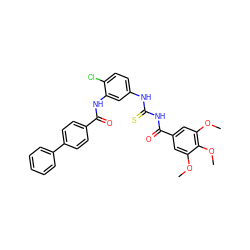 COc1cc(C(=O)NC(=S)Nc2ccc(Cl)c(NC(=O)c3ccc(-c4ccccc4)cc3)c2)cc(OC)c1OC ZINC000084671067