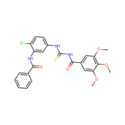 COc1cc(C(=O)NC(=S)Nc2ccc(Cl)c(NC(=O)c3ccccc3)c2)cc(OC)c1OC ZINC000084655015