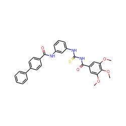 COc1cc(C(=O)NC(=S)Nc2cccc(NC(=O)c3ccc(-c4ccccc4)cc3)c2)cc(OC)c1OC ZINC000084757961