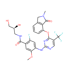 COc1cc(C(=O)NC[C@H](O)CO)c(F)cc1Nc1ncc(C(F)(F)F)c(Oc2cccc3c2C(=O)N(C)C3)n1 ZINC000138495536