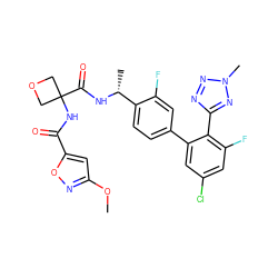 COc1cc(C(=O)NC2(C(=O)N[C@H](C)c3ccc(-c4cc(Cl)cc(F)c4-c4nnn(C)n4)cc3F)COC2)on1 ZINC000169710404