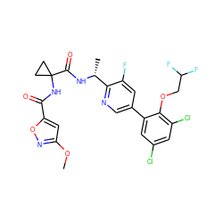 COc1cc(C(=O)NC2(C(=O)N[C@H](C)c3ncc(-c4cc(Cl)cc(Cl)c4OCC(F)F)cc3F)CC2)on1 ZINC000029128773