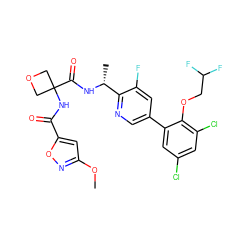 COc1cc(C(=O)NC2(C(=O)N[C@H](C)c3ncc(-c4cc(Cl)cc(Cl)c4OCC(F)F)cc3F)COC2)on1 ZINC000169710373