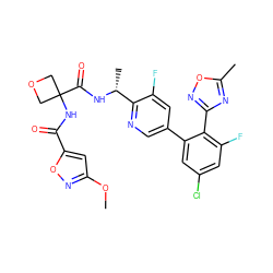 COc1cc(C(=O)NC2(C(=O)N[C@H](C)c3ncc(-c4cc(Cl)cc(F)c4-c4noc(C)n4)cc3F)COC2)on1 ZINC000169288931