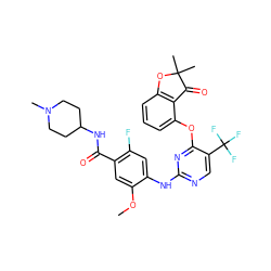 COc1cc(C(=O)NC2CCN(C)CC2)c(F)cc1Nc1ncc(C(F)(F)F)c(Oc2cccc3c2C(=O)C(C)(C)O3)n1 ZINC000145972121