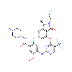 COc1cc(C(=O)NC2CCN(C)CC2)c(F)cc1Nc1ncc(C(F)(F)F)c(Oc2cccc3c2C(=O)N(CCF)[C@@H]3C)n1 ZINC000169707550