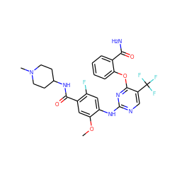 COc1cc(C(=O)NC2CCN(C)CC2)c(F)cc1Nc1ncc(C(F)(F)F)c(Oc2ccccc2C(N)=O)n1 ZINC000148439167