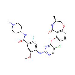 COc1cc(C(=O)NC2CCN(C)CC2)c(F)cc1Nc1ncc(Cl)c(Oc2cccc3c2C(=O)N[C@@H](C)CO3)n1 ZINC000146305472