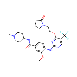 COc1cc(C(=O)NC2CCN(C)CC2)ccc1Nc1ncc(C(F)(F)F)c(OCCN2CCCC2=O)n1 ZINC000148459788