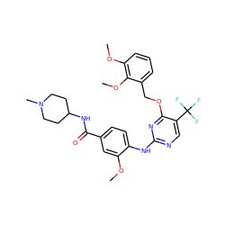 COc1cc(C(=O)NC2CCN(C)CC2)ccc1Nc1ncc(C(F)(F)F)c(OCc2cccc(OC)c2OC)n1 ZINC000148461132