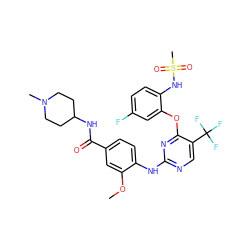 COc1cc(C(=O)NC2CCN(C)CC2)ccc1Nc1ncc(C(F)(F)F)c(Oc2cc(F)ccc2NS(C)(=O)=O)n1 ZINC000138528471