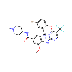 COc1cc(C(=O)NC2CCN(C)CC2)ccc1Nc1ncc(C(F)(F)F)c(Oc2ccc(Br)cc2C#N)n1 ZINC000148452821