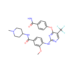 COc1cc(C(=O)NC2CCN(C)CC2)ccc1Nc1ncc(C(F)(F)F)c(Oc2ccc(C(N)=O)cc2)n1 ZINC000148441779