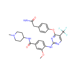 COc1cc(C(=O)NC2CCN(C)CC2)ccc1Nc1ncc(C(F)(F)F)c(Oc2ccc(CC(N)=O)cc2)n1 ZINC000148450861