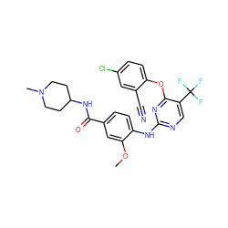 COc1cc(C(=O)NC2CCN(C)CC2)ccc1Nc1ncc(C(F)(F)F)c(Oc2ccc(Cl)cc2C#N)n1 ZINC000138507928