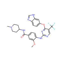 COc1cc(C(=O)NC2CCN(C)CC2)ccc1Nc1ncc(C(F)(F)F)c(Oc2ccc3nc[nH]c3c2)n1 ZINC000148953823