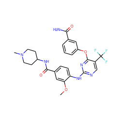 COc1cc(C(=O)NC2CCN(C)CC2)ccc1Nc1ncc(C(F)(F)F)c(Oc2cccc(C(N)=O)c2)n1 ZINC000138498414