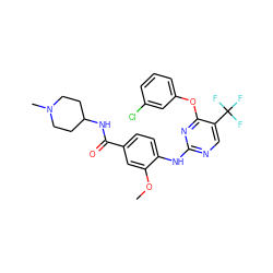 COc1cc(C(=O)NC2CCN(C)CC2)ccc1Nc1ncc(C(F)(F)F)c(Oc2cccc(Cl)c2)n1 ZINC000148440911