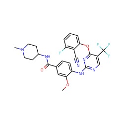 COc1cc(C(=O)NC2CCN(C)CC2)ccc1Nc1ncc(C(F)(F)F)c(Oc2cccc(F)c2C#N)n1 ZINC000148455042