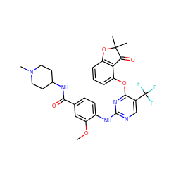 COc1cc(C(=O)NC2CCN(C)CC2)ccc1Nc1ncc(C(F)(F)F)c(Oc2cccc3c2C(=O)C(C)(C)O3)n1 ZINC000145971463