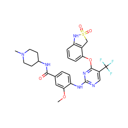 COc1cc(C(=O)NC2CCN(C)CC2)ccc1Nc1ncc(C(F)(F)F)c(Oc2cccc3c2CS(=O)(=O)N3)n1 ZINC000148466663