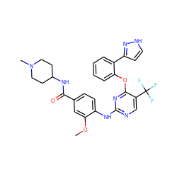 COc1cc(C(=O)NC2CCN(C)CC2)ccc1Nc1ncc(C(F)(F)F)c(Oc2ccccc2-c2cc[nH]n2)n1 ZINC000148964061