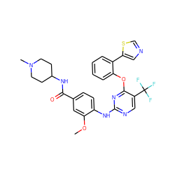 COc1cc(C(=O)NC2CCN(C)CC2)ccc1Nc1ncc(C(F)(F)F)c(Oc2ccccc2-c2cncs2)n1 ZINC000148464735