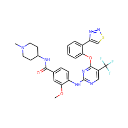 COc1cc(C(=O)NC2CCN(C)CC2)ccc1Nc1ncc(C(F)(F)F)c(Oc2ccccc2-c2csnn2)n1 ZINC000138498507