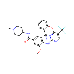 COc1cc(C(=O)NC2CCN(C)CC2)ccc1Nc1ncc(C(F)(F)F)c(Oc2ccccc2C#N)n1 ZINC000138508057