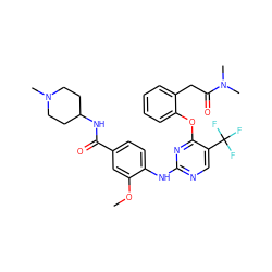 COc1cc(C(=O)NC2CCN(C)CC2)ccc1Nc1ncc(C(F)(F)F)c(Oc2ccccc2CC(=O)N(C)C)n1 ZINC000148443317