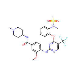 COc1cc(C(=O)NC2CCN(C)CC2)ccc1Nc1ncc(C(F)(F)F)c(Oc2ccccc2N(C)S(C)(=O)=O)n1 ZINC000138518059